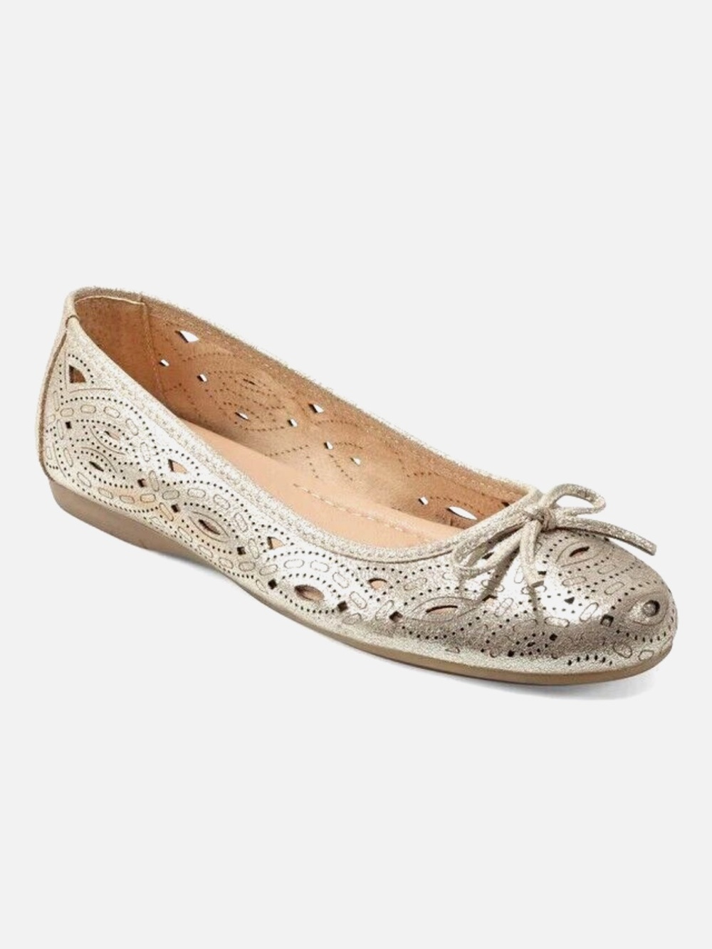 Earth Metallic Champagne Laser-Cut Ballet Flat with Bow